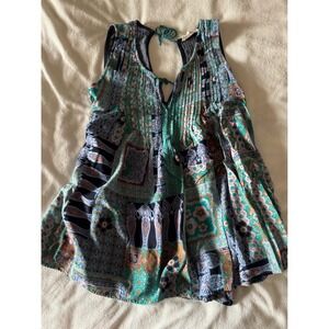 Hem & Thread Boho Patchwork Paisley Open Tie Back Pleated Tank Top Small L2684